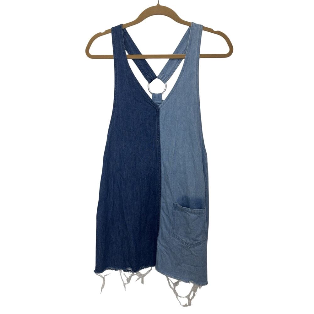 H&M Blue Patchwork Denim Overall Mini Dress 4 Pocket Mixed Media Distressed